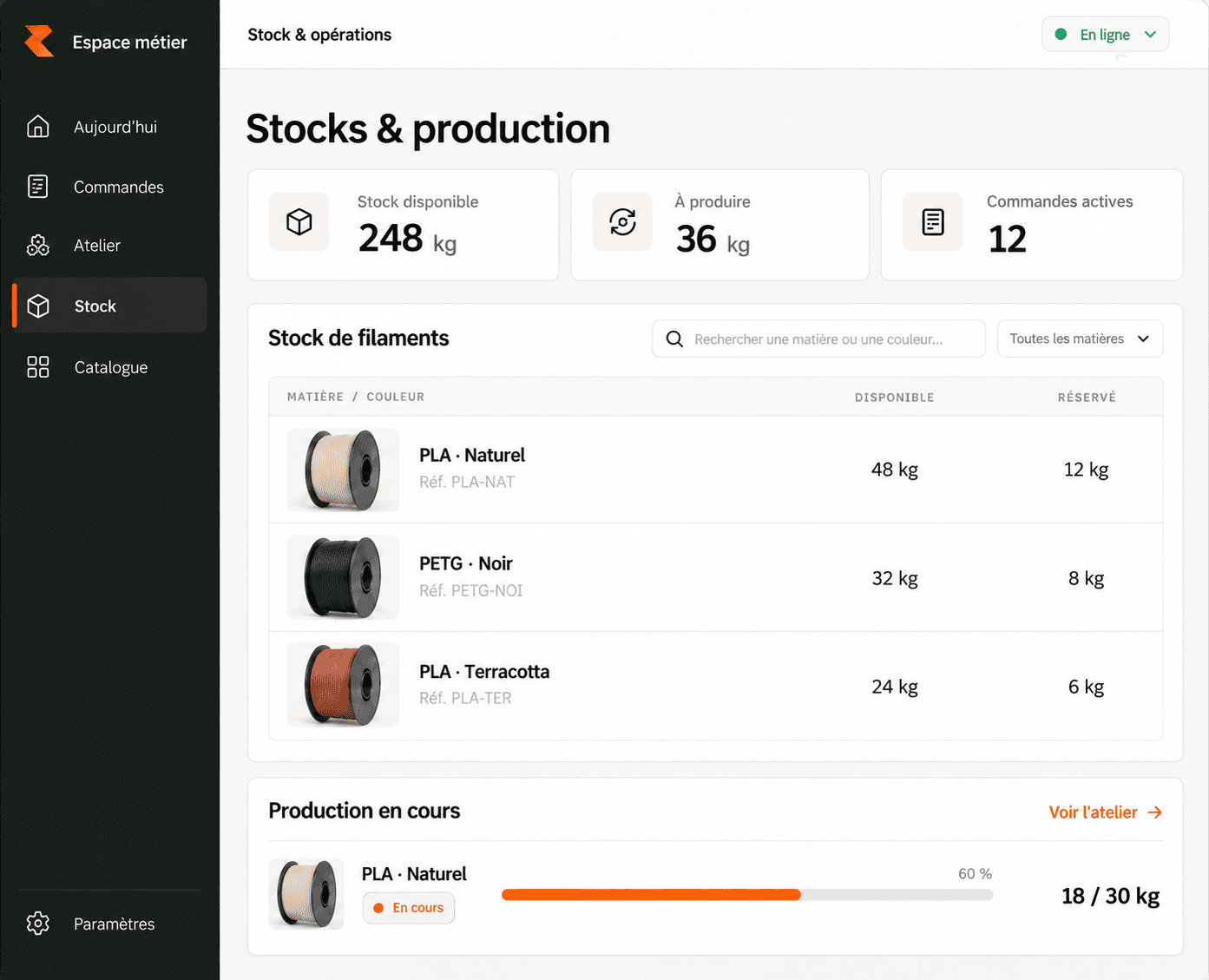 Vue illustrée du logiciel : stock disponible et réservé par filament, commandes actives et production en cours.